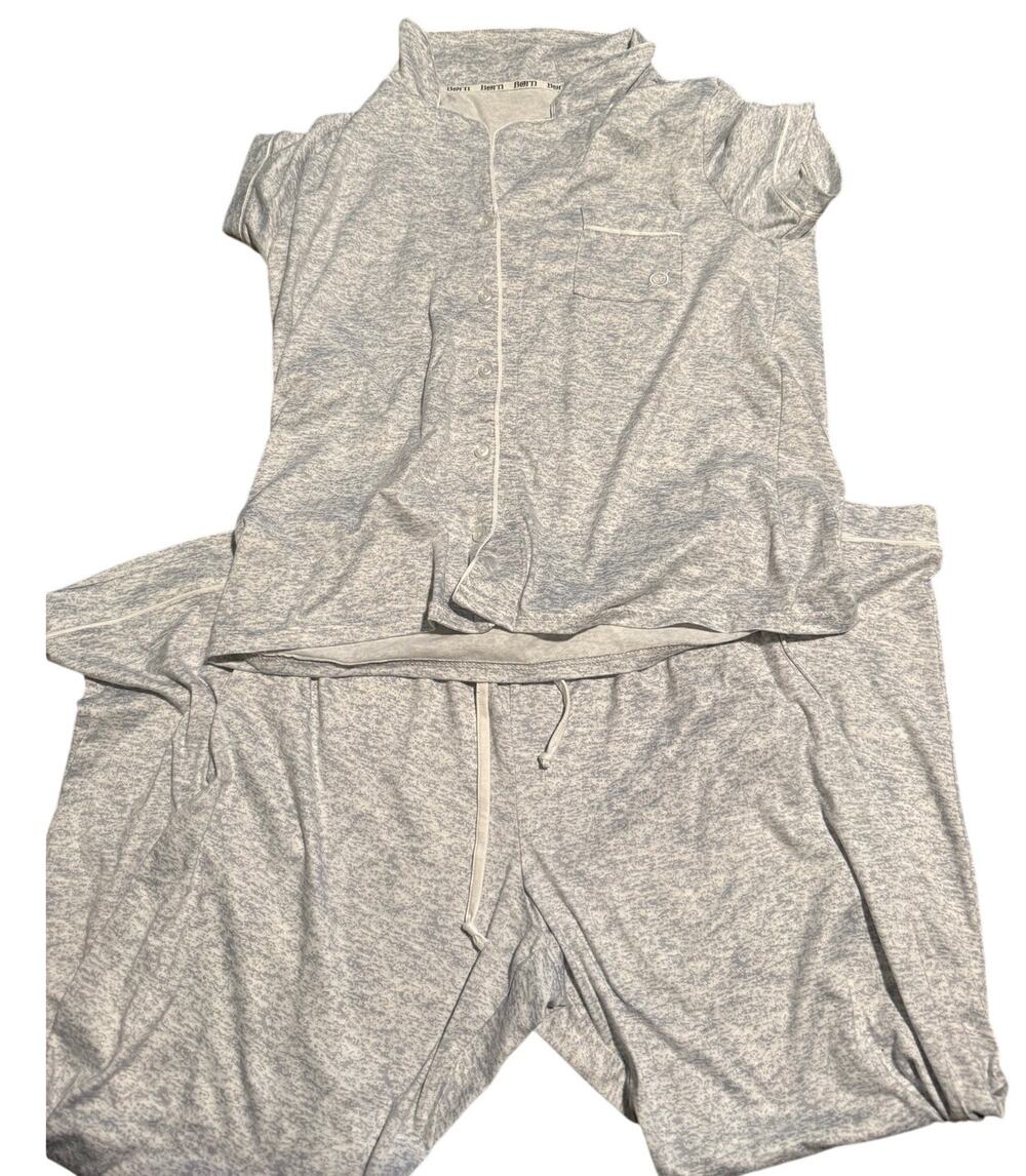 Born Heather Gray Pajama Lounge Set, Soft Knit Button Front, Women's Medium